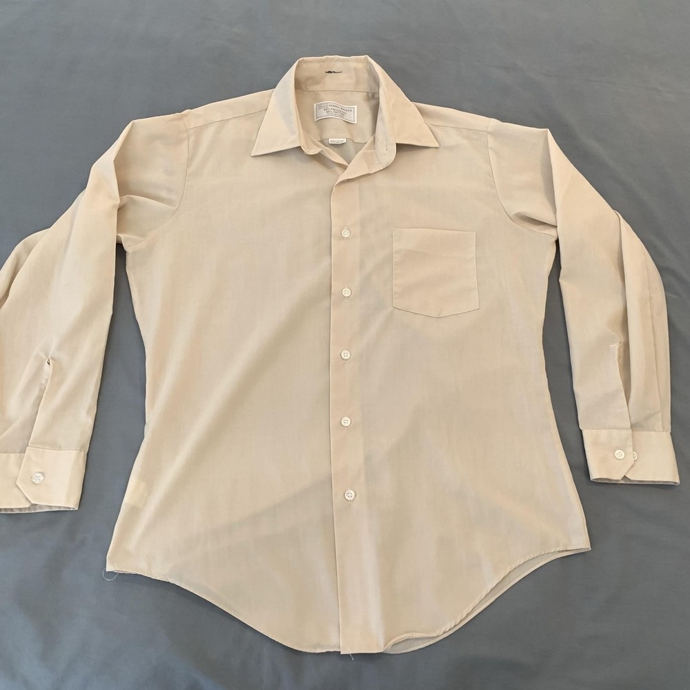 Vintage Sears Perma-Prest Shirt Mens 15.5 Beige Solid Long Sleeve Dress 70s 80s